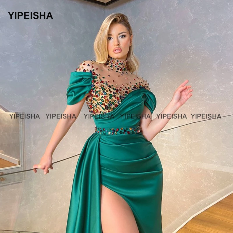 

Yipeisha High Neckline Emerald Green Prom Dress Luxury Crystals Short Sleeves Side Slit Evening Gown Vestido de Festa Longo