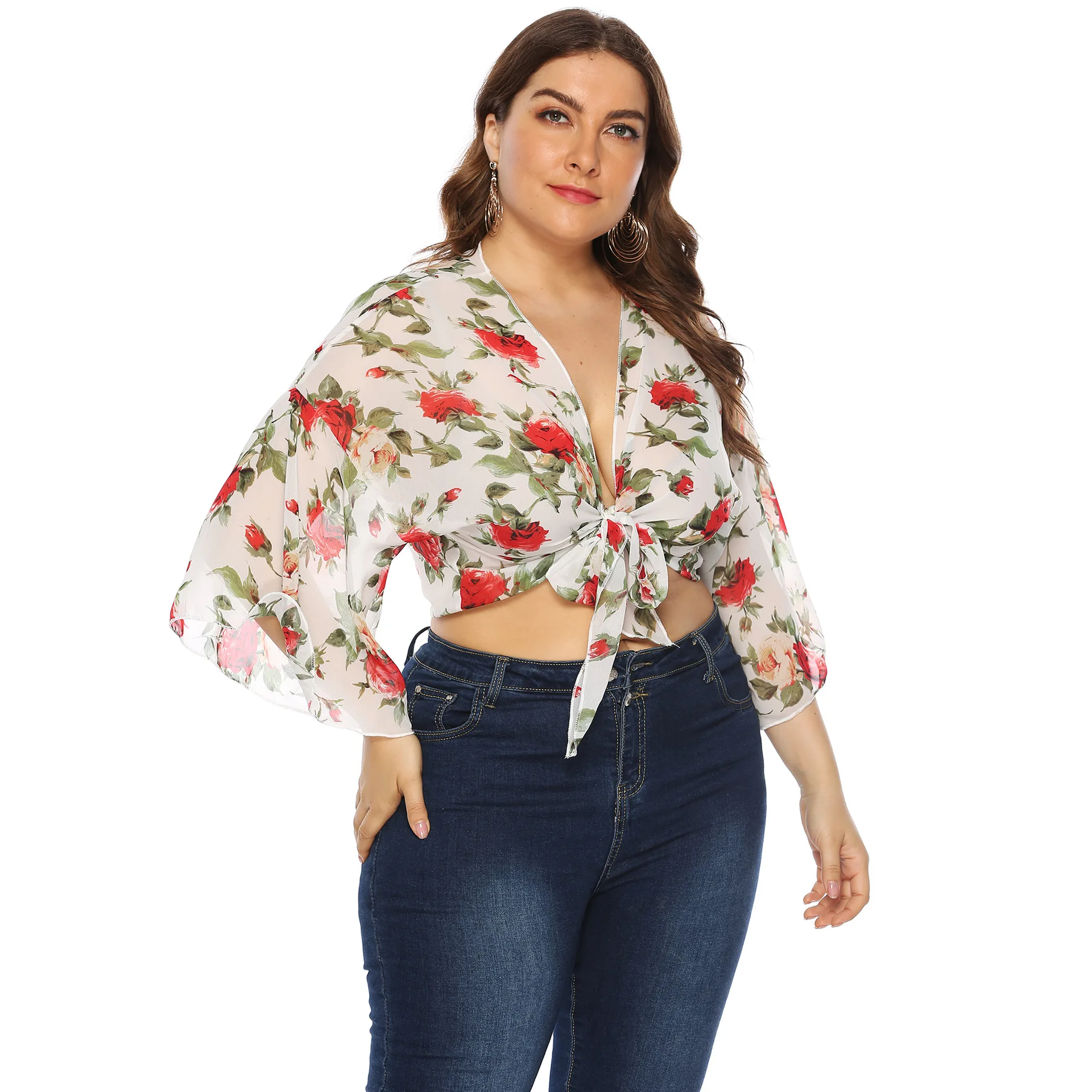 Летнее платье размера плюс шифоновый кроп Топ для женщин с длинным рукавом