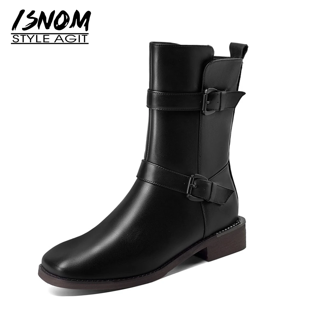 

ISNOM Women Genuine Leather Ankle Boots Metal Decor Zip Buckle Skid Proof Square Toe Chunky Heel Warm Short Plush Winter Boots