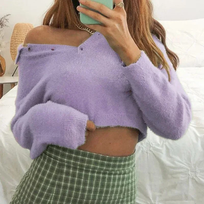 

Oversized Mohair Sweater Retro Purple Loose Cropped Sweaters Turn Down Collar Knitted Pullover Sexy Pull Femme Za Women 2021