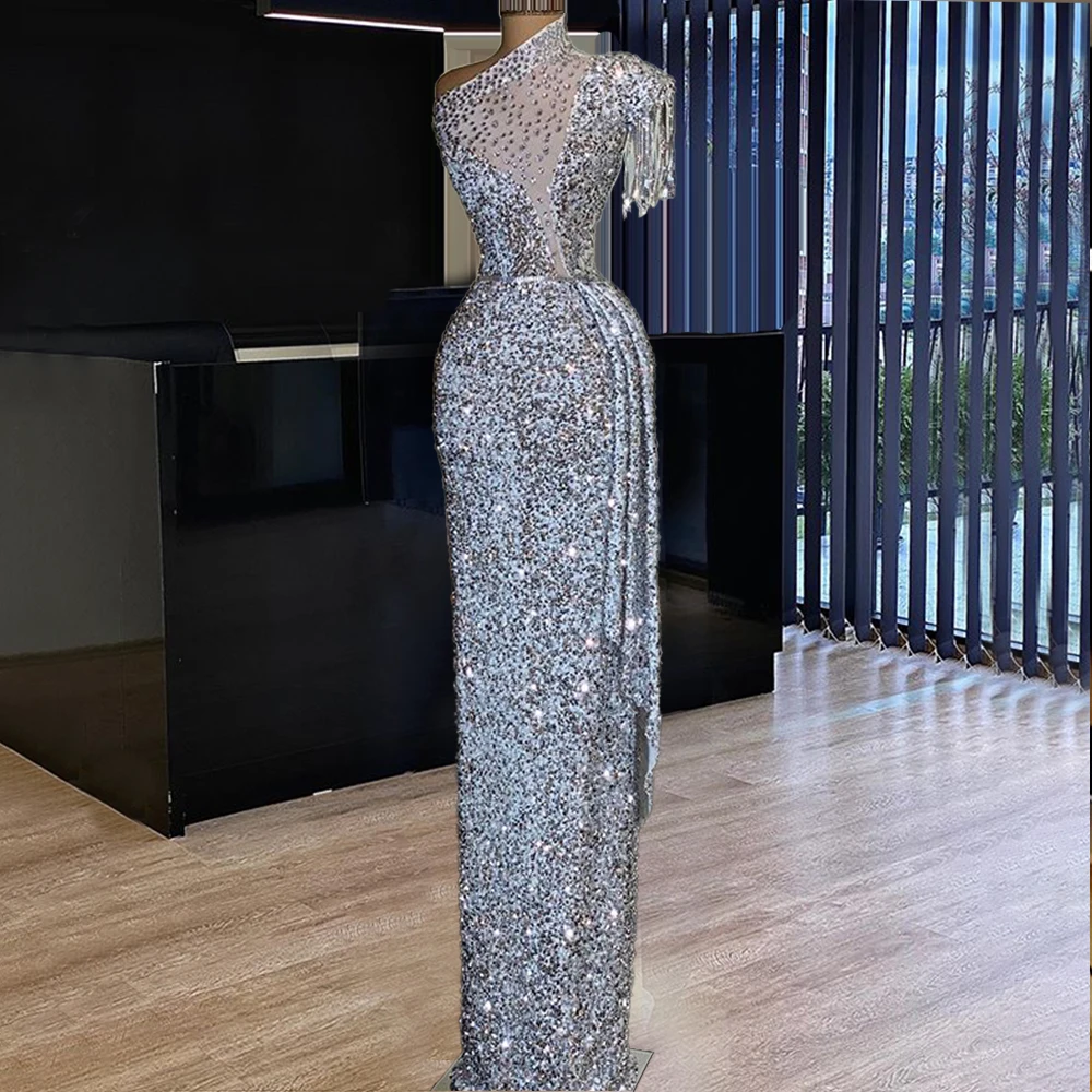 

Arabic Silver Sparkly Prom Dresses 2021 Long Elegant Cocktail Party Dresses For Women Simple Turkish Couture Vestidos Formales