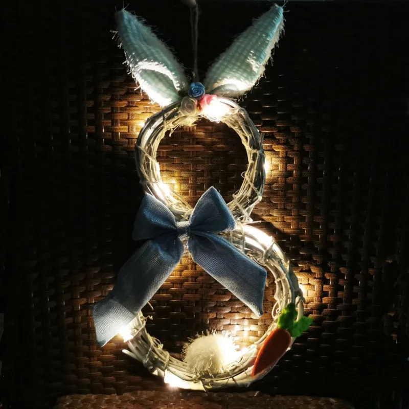 

Easter Decoration With Night Light Bunny Pattern Rattan Circle Wreath Ring Rabbit Bow Door Ornament Easter Patty Home Decoration