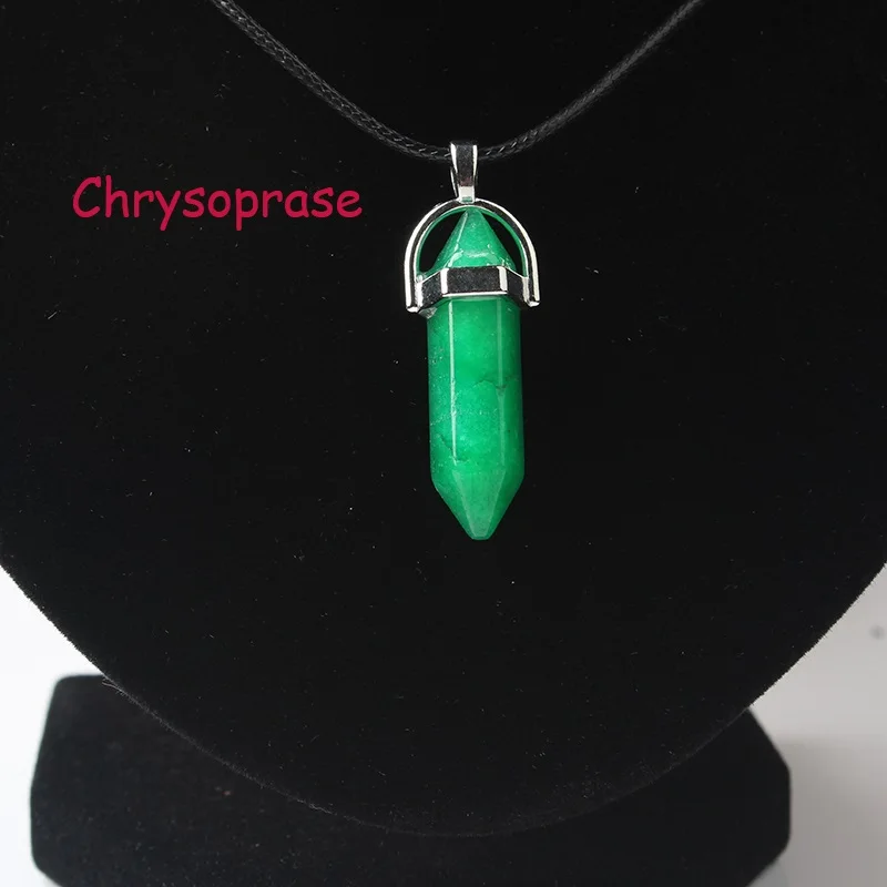 Green jade LanLi, шестиугольная колонна, ожерелье с натуральным кристаллом, подвеска с камнем, кожаные цепи, ожерелье для женщин, модное ювелирное изделие - Окраска металла: Green jade