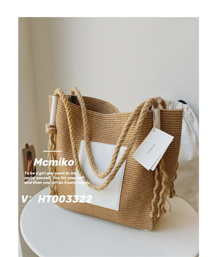 Casual Overlarge Tote Straw Bags Linen Rope Woven Woemn Shoulder Bags Rattan Pu Patchwork Handbags Summer Beach Bag Big Purses