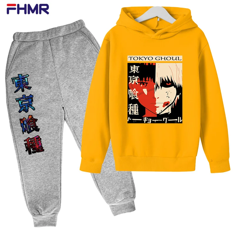 

Japan Hot Giant Anime Suit Cotton Kids Hoodie Top+ Pant 2-Piece Tokyo Ghoul Graphic Children Clothing Set 4-14Y Girl Boy Clothes