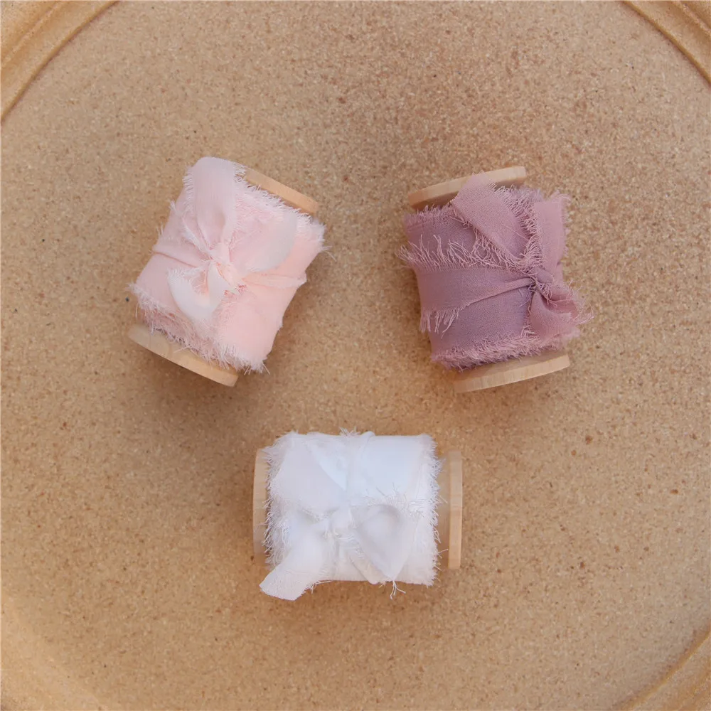 3 шт. ручной работы потертые края шифоновая шелковая лента с деревянной катушкой