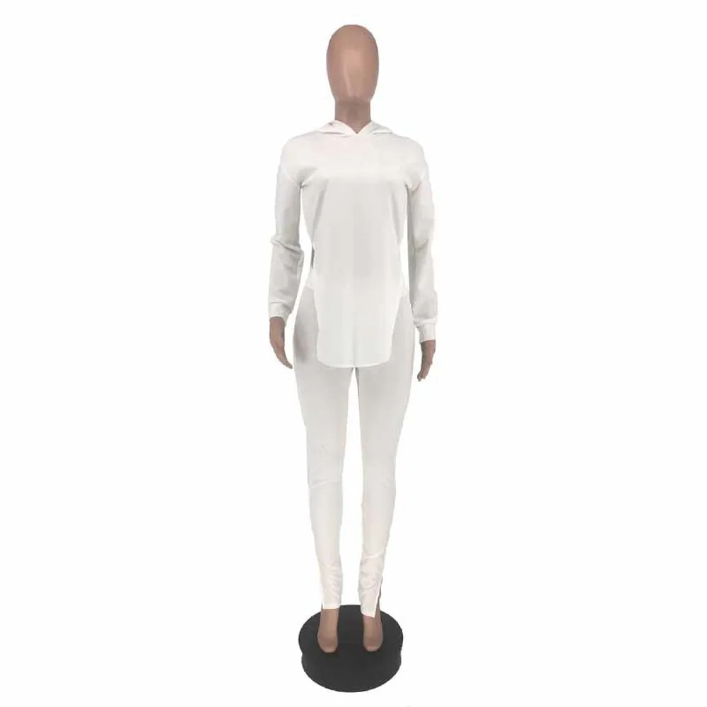 

High Elastic Rib 2 Piece Sweatsuit Women Clothing Long Sleeve Side Split Hooded Top and Split Hem Bodycon Legging Skinny Outfits