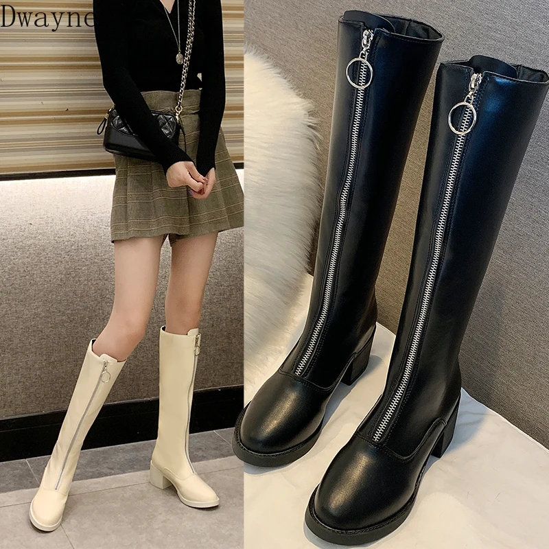 2019 autumn winter new long boots women European American fashion front zipper handsome knight thick with knee-High | Обувь