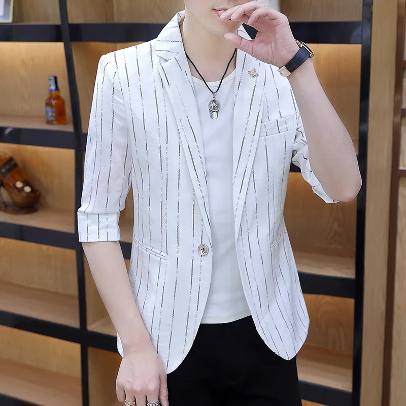 

2021 New Summer Fashion Casual Men's Striped Single-button Slim Business Casual Mid-sleeved Blazer for Men