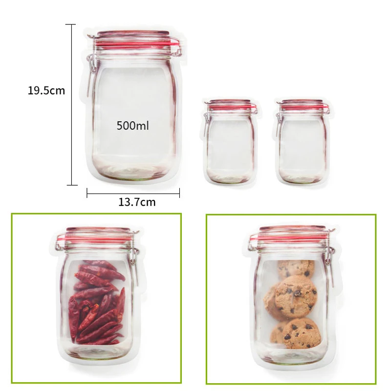 3/4Pcs Portable Transparent Mason Jar Bottles Bags Seal Food Container Snack Zipper Travel Candy Ziplock Bag | Дом и сад