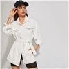 SHEIN белая выбеленная длинная джинсовая куртка с поясом Женская осенне-Весенняя верхняя одежда с воротником на пуговицах