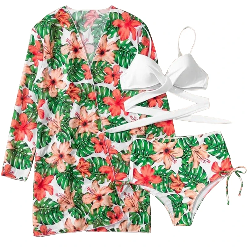 

2021 Bandage Underwired Bikini Sets For Women's 3 Pieces High Waist Swimsuit With Long Sleeve Sun Protective Cover Ups Swimwear