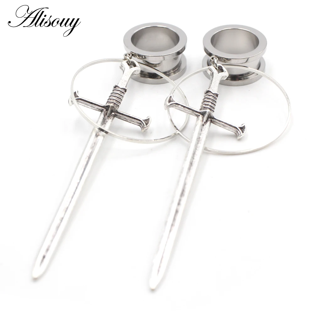 Alisouy 2pcs Stainless Steel Star Moon Cross Sword Circle Dangle Earring Unisex Flesh Ear Gauge Plug Tunnel Expander Stretcher - купить по