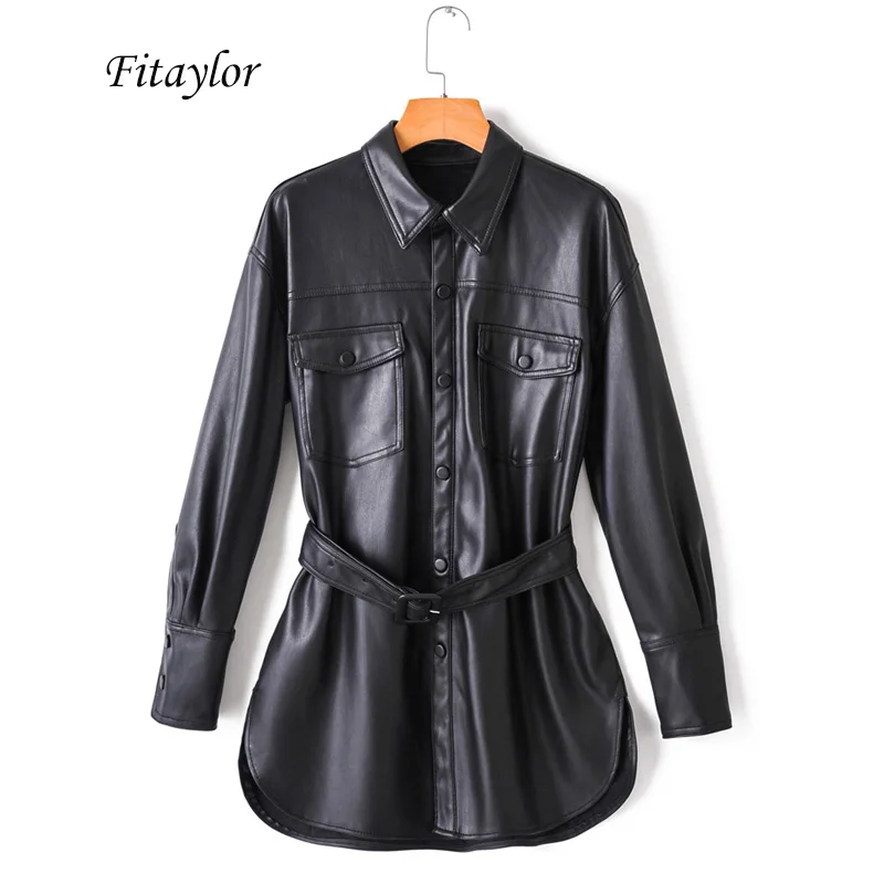Женская блузка из мягкой искусственной кожи Fitaylor черная однобортная рубашка с