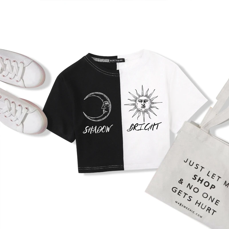 

Women Summer Short Sleeve T-shirt Harajuku Crop Tops Contrast Color Graphic T-shirts New Goth E-girl Short Sleeve Top Clothes