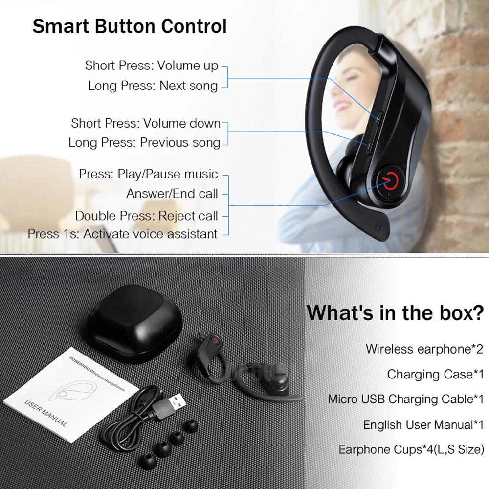 HBQ Q62 TWS Bluetooth наушники V5.0 настоящие Беспроводные наушники с Ушными крючками, стерео спортивные наушники с 950 мА · ч, чехол для зарядки