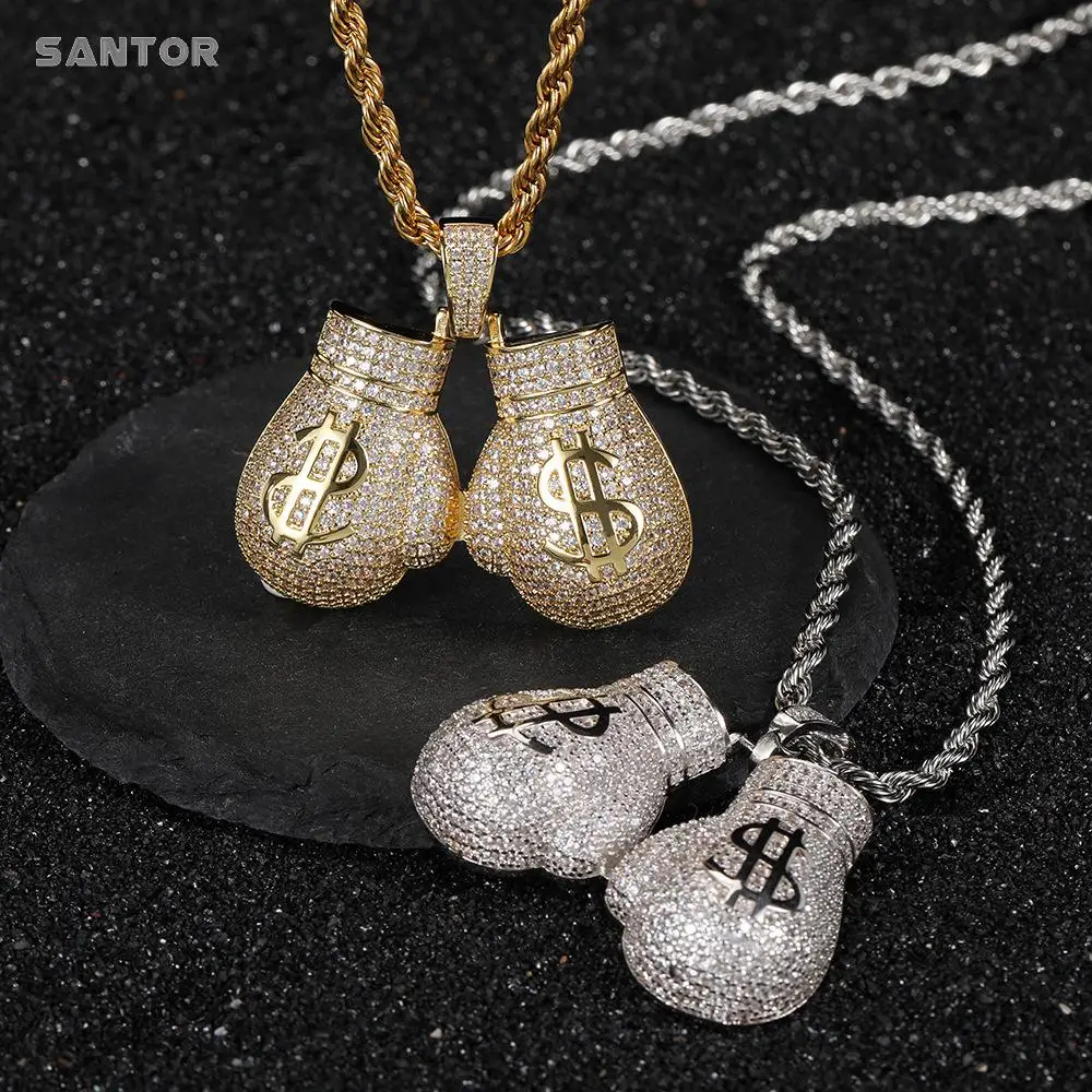

Hip Hop Hollowed Out Dollar Symbol Boxing Glove Pendant With Zircon And Personalized Punk Necklace