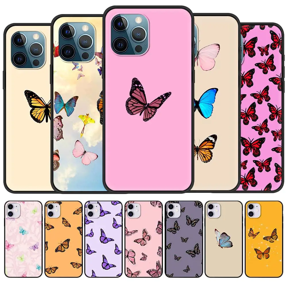 

Phone Case For iPhone 11 13 12 Pro Max Shell For iphone 12 11 13 Pro 7 8 Plus SE 2020 X XR XS Black Cover Beautiful Butterfly