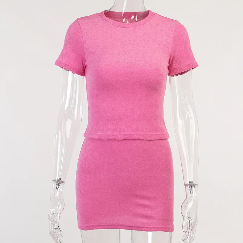 

wsevypo Summer Two Pieces Skirts Suits Women Solid Color Outfits Casual Sports Short Sleeve Round Neck T-shirt+Mini Skirt