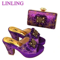 summer italian design high quality woman mid heels shoes and bag set purple color wedding and party shoes and matching bag set
