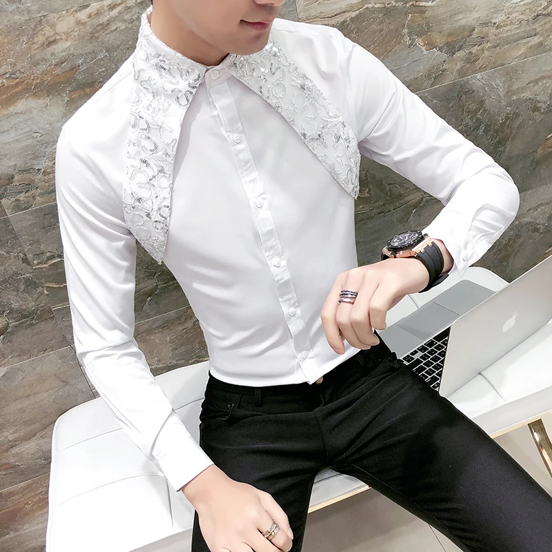 

Lace Patchwork Men Shirts Slim Casual Shirts Long Sleeve Solid Shirt Streetwear Social Party Blouse VintageLuxury Camisa Homme