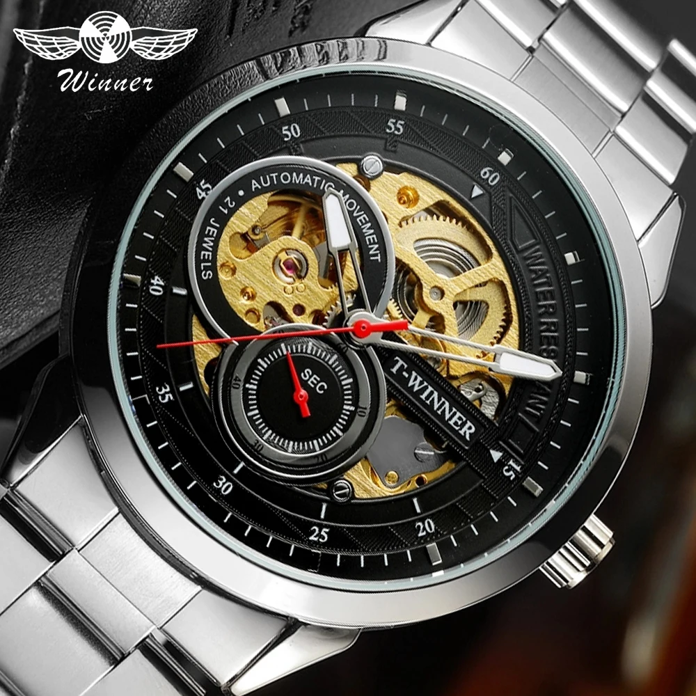 Часы наручные Winner Мужские автоматические золотистые прозрачные механические