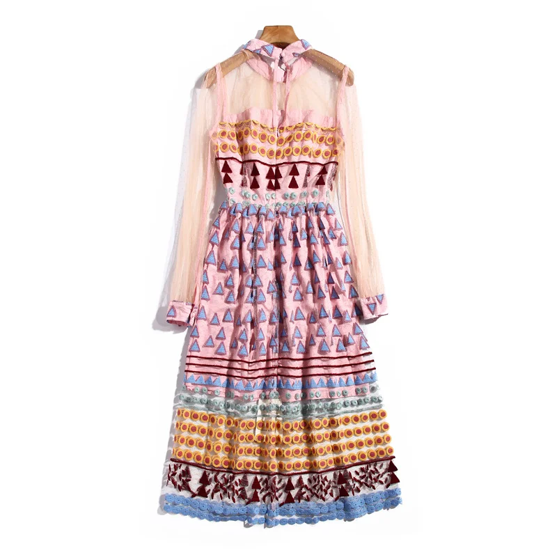 

Designer Fashion Spring Autumn High Quality Mesh Embroidery Stitching Long Sleeve Party Vacation Vintage Chic Women'S Midi Dress