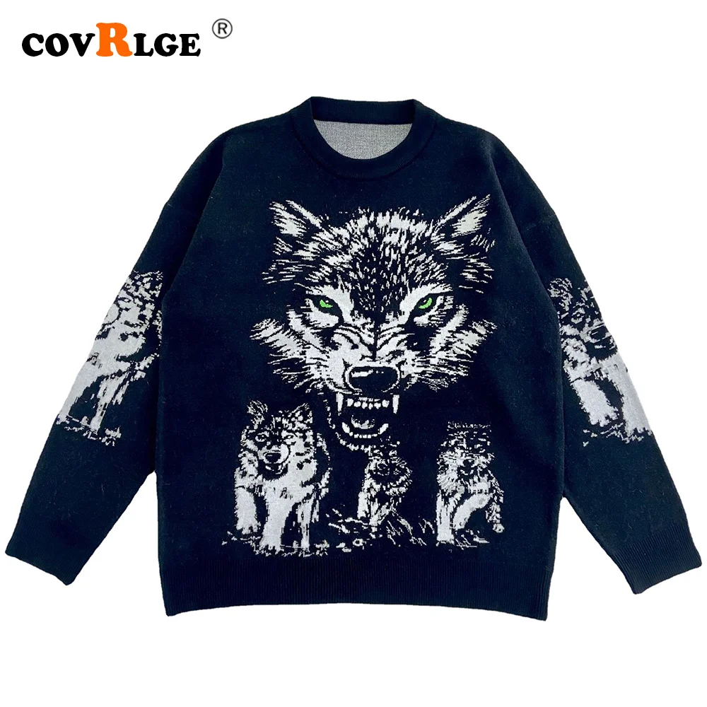 

Covrlge Knit Men's Sweater Round Neck Casual Wolf Head Male Hip-hop Country Tide Brand Oversize Loose Winter New Male MZM108