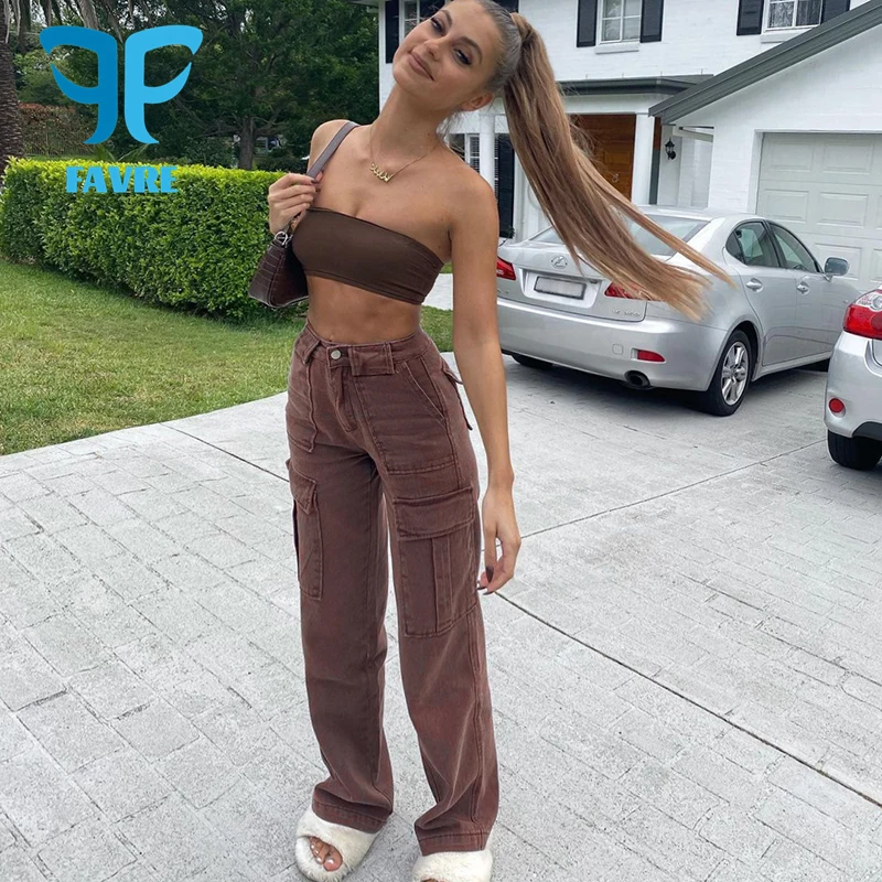 

FAVRE Vintage Pockets Patchwork Jeans Women 100% Cotton Loose Straight Denim Pants Fashion Streetwear High Waisted Cargo Pants