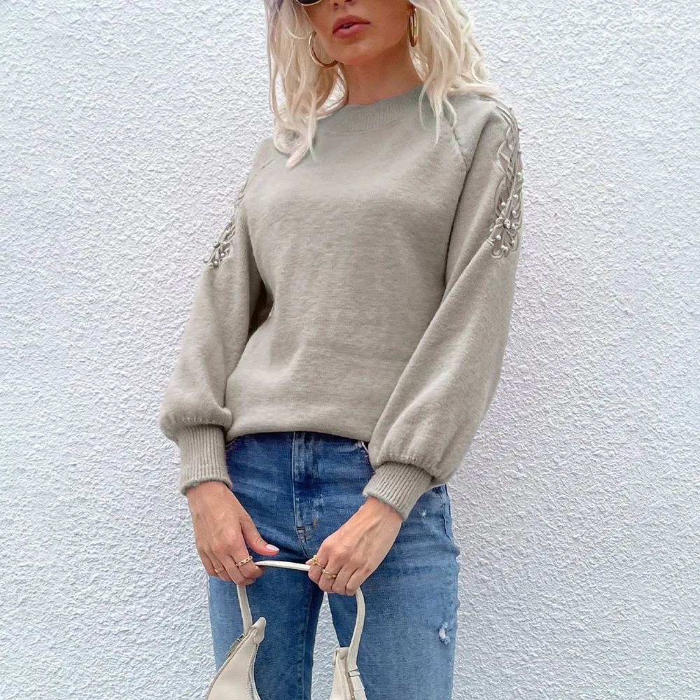 

Вязаный пуловер с кружевом и жемчугом, розовый свитер с длинными рукавами и круглым вырезом, свободный свитер с длинными рукавами, женская о...