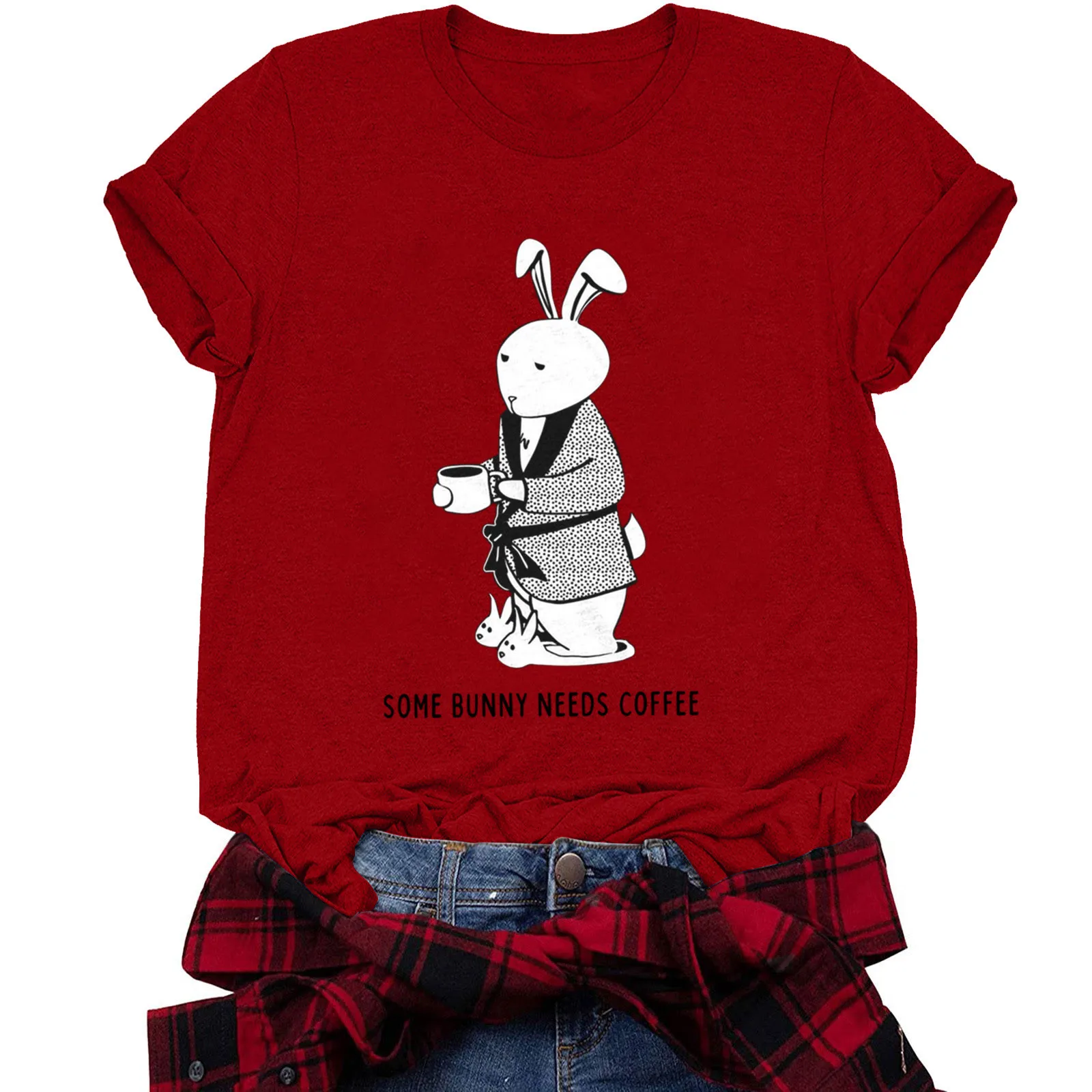 

Women's Tee Top 'Some Bunny Needs Coffee' Letter Summer O Neck Short Sleeve Casual Loose T Shirt 4XL Easter Bunny Femme T-shirts