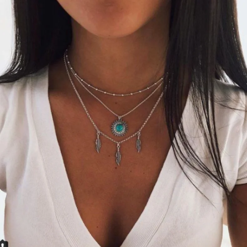 

Bohemian Feather Pendant Women Vintage Multilayer Necklace