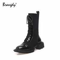 brangdy fashion women mid calf sock boots genuine leather woolen square toe women shoes splicing women winter boots with fur