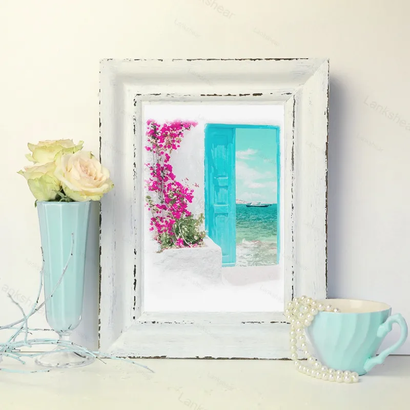Акварель Арт холст картина синий ворота греческий остров Пляжный Пейзаж Плакат