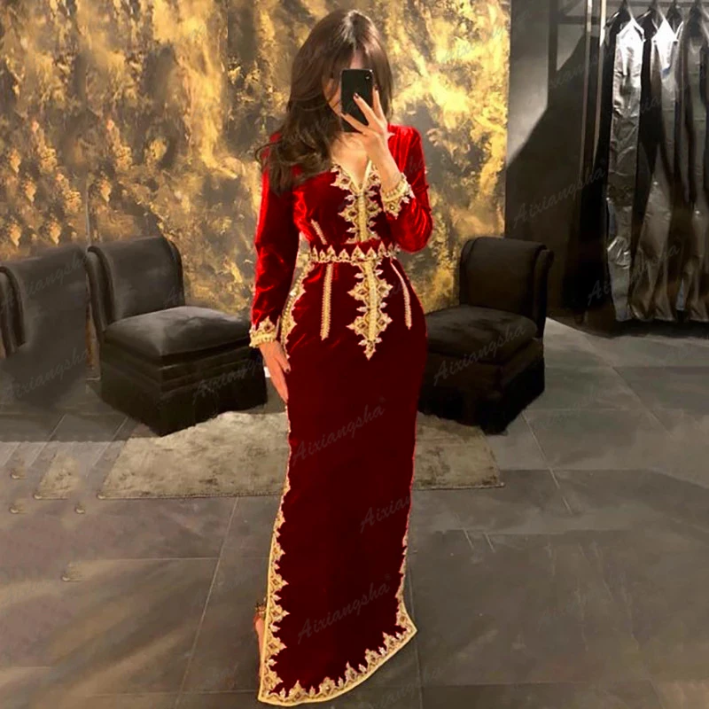 Вечернее платье из жасмина цвет Бургунди марокканский кафтан Золотая аппликация