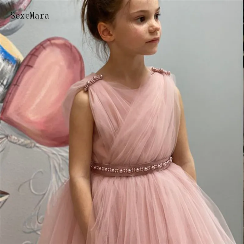Floor Length Pink Flower Girl Dress for Wedding Tulle Pearls Backless Princess Birthday Dress Communion Party Gowns