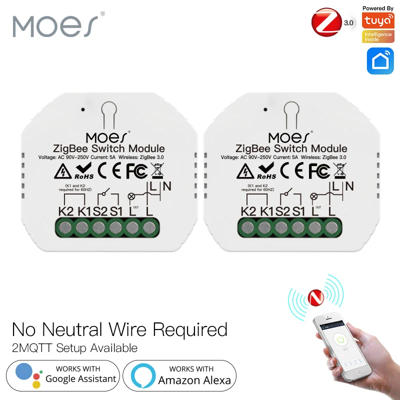 Умный выключатель света Moes Tuya ZigBee модуль переключателя без нейтрального провода