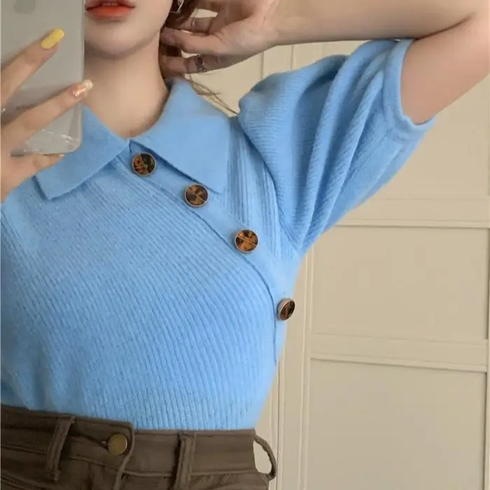 

Korean New Fashion Summer T Shirt Women Cusual Tshirt Puff Sleeve T-shirt Blue Tee Shirt Femme Knit Top Camiseta Mujer 2021