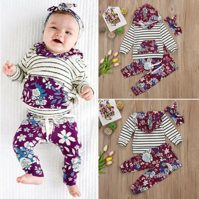 3 шт. полосатый свитер с капюшоном для новорожденных девочек штаны цветочным