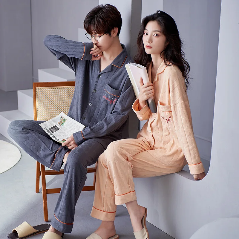 

Lover Cotton Loose 2PCS Pajamas Set Couple Autumn Winter Full Sleeve Nightwear Letter Print Sleepwear M-3XL With Pocket Homewear