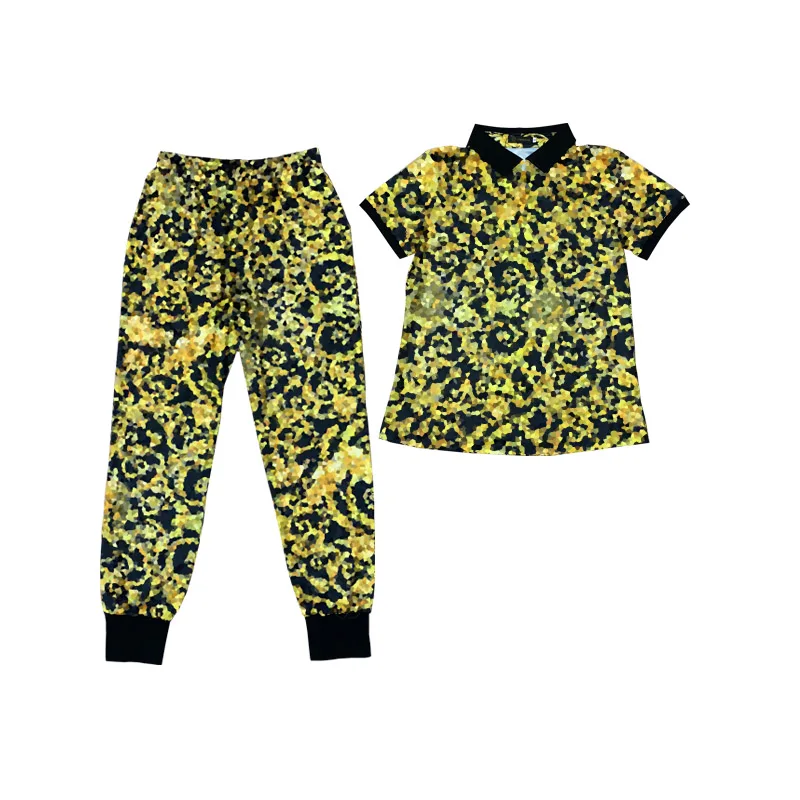 

Summer Women Luxury Brand Fashion Casual Pants Sets Polo-Neck Gold-Print Short-Sleeved T-Shirt + Elastic Waist Pant 2-Piece Set