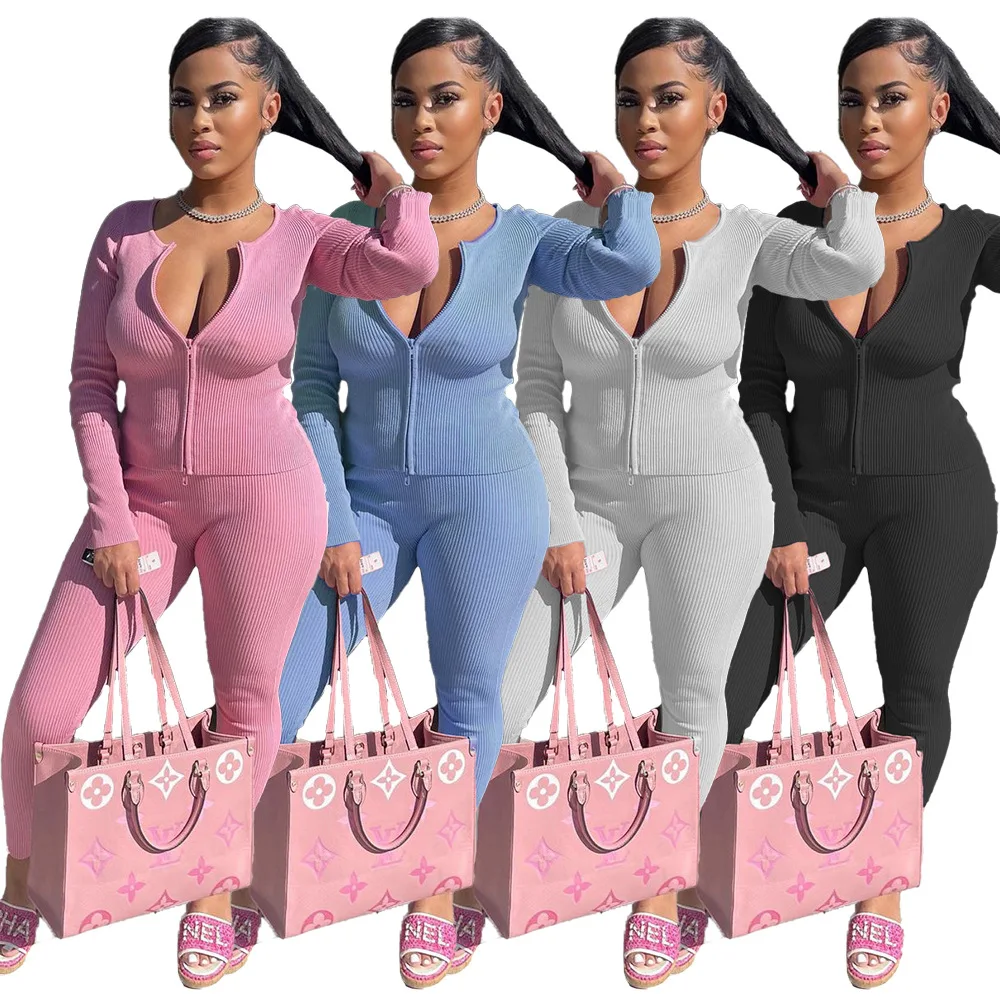 

Casual Women Biker Two Piece Set Knit Ribbed Solid Color Sportsuit Matching Suit High Streetwear Clothes For Women Outfit