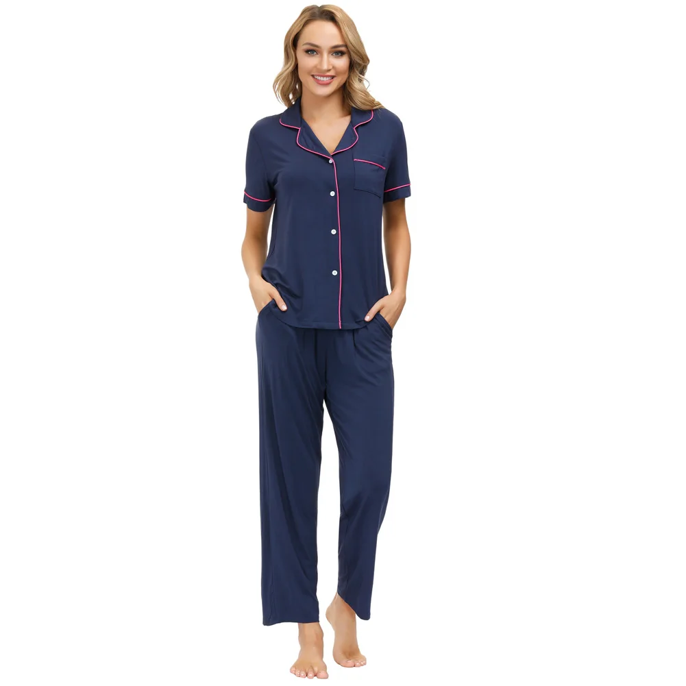 

2021 Women Home Wear Summer Short Sleeve Pajamas Set Button Lapels Cotton Leisure Sleepwear Top+Full Length Pants