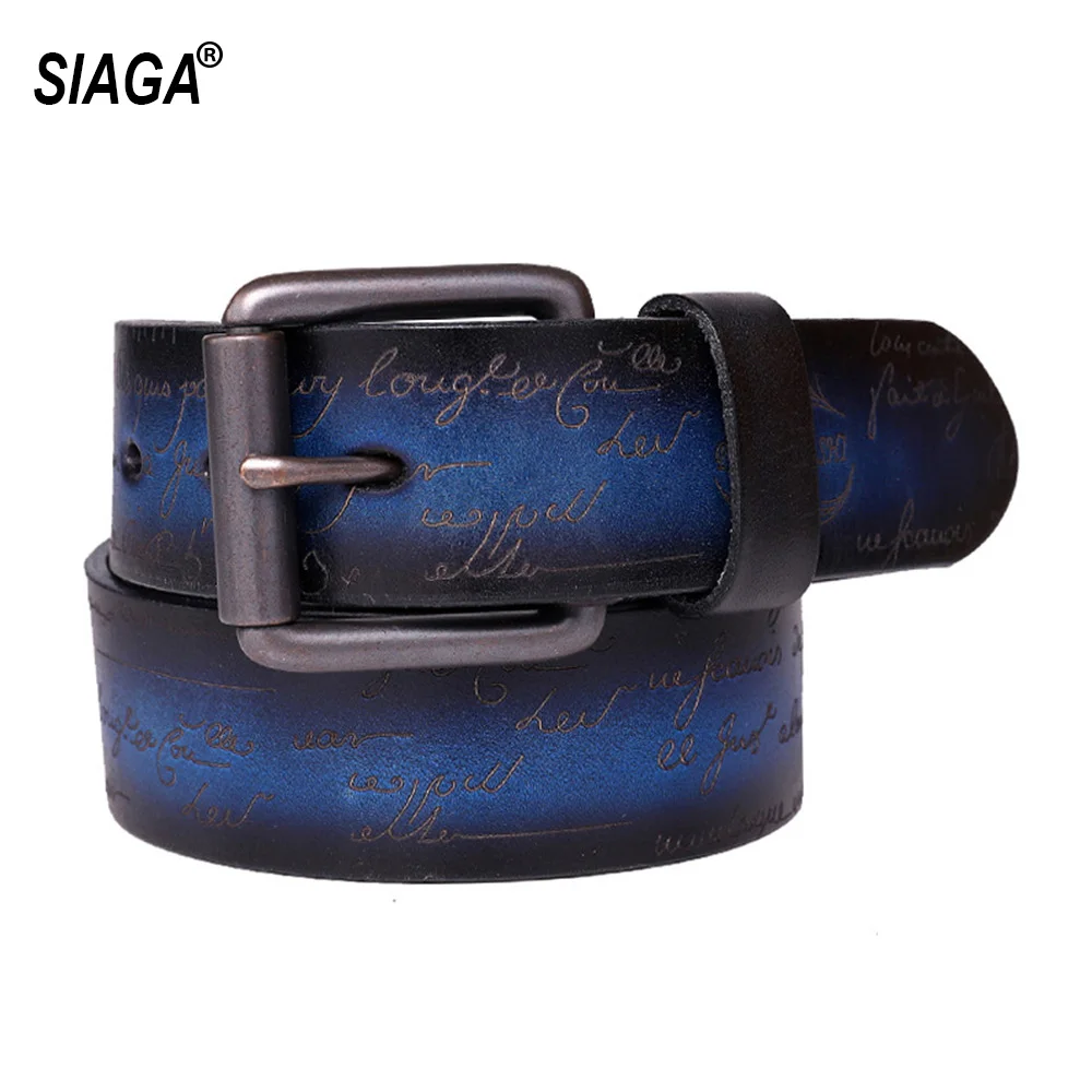 Unisex Personalized Laser Lettering Western Cowboy Accessories Blue Cowhide Leather Belts for Women & Men 3.8cm Wide SA026