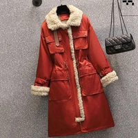 dimi warm coat loose splicing outwear adjustable waist new winter lambswool inner lining cotton long jacket women thick snow