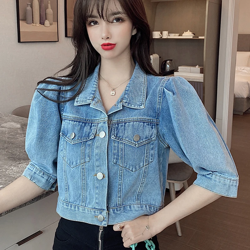 

2021 Summer Crop Denim Jacket Women Korean Streetwear Puff Sleeve jeans Jacket Basic Coats Outerwear chaqueta mujer