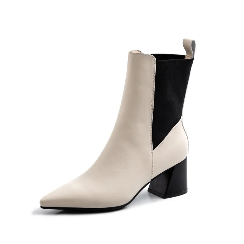 

FOREADA Real Leather Woman Boots High Heel Chelsea Boots Thick Heel Ankle Boots Pointed Toe Short Boots Lady Shoes Autumn Beige