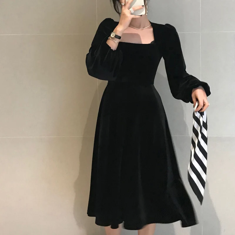 

2021 Vintage Velour Women Dress Square Collar Puff Long Sleeve Dresses 2021 Spring Korean Elegant Vestidos Femme Clothes