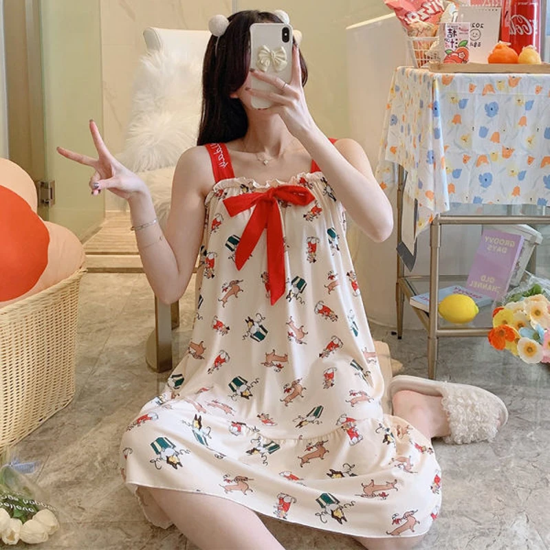 

New Cartoon Print Milk Silk Womens Nightdress Lovely Sweet Sexy Nightgown & Sleepstirts Korean Version Sling Skirt Soft Homewear