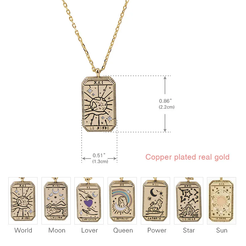 

2021 Gothic Tarot Card Pendant Necklace Vintage Square Amulet Pendant Necklace Moon Sun World Love Power Women Jewelry Gift